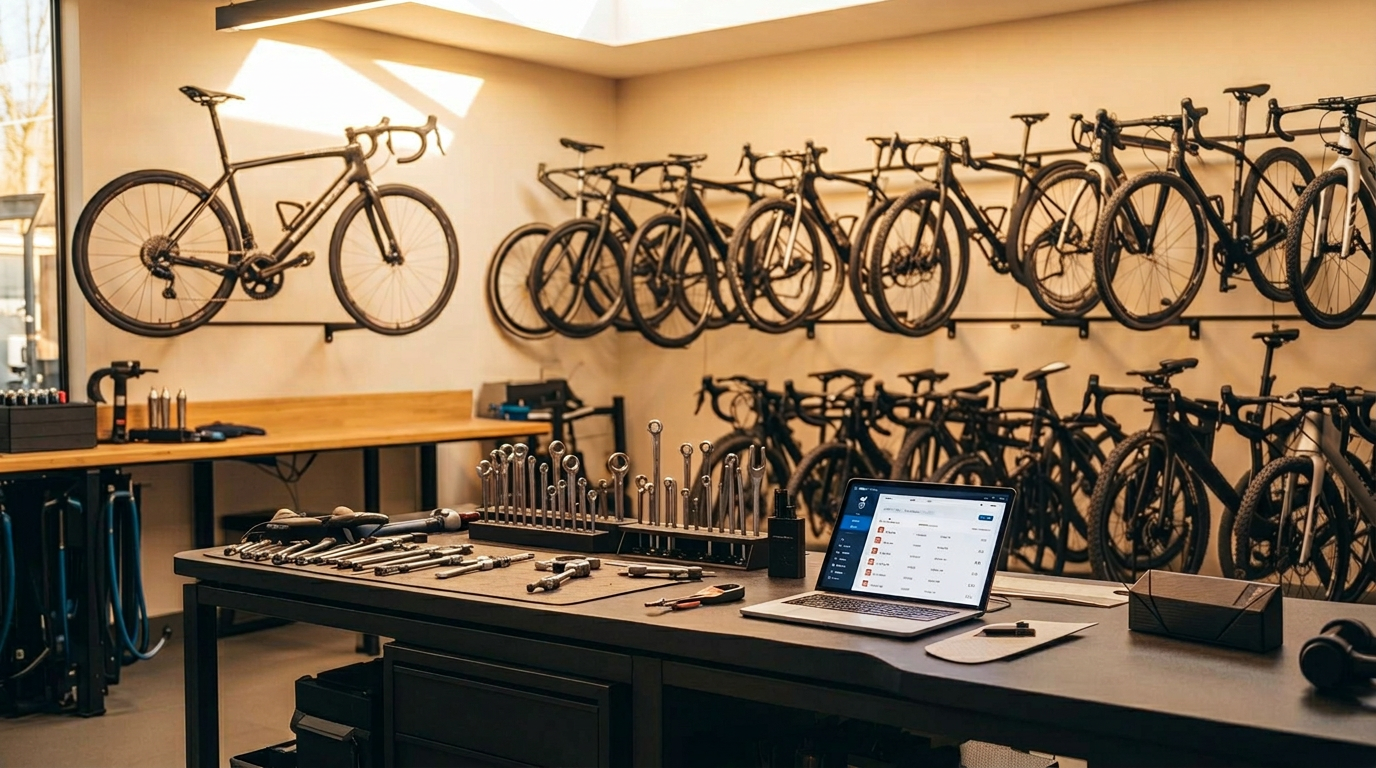 Moderner Fahrradladen mit digitalem Managementsystem